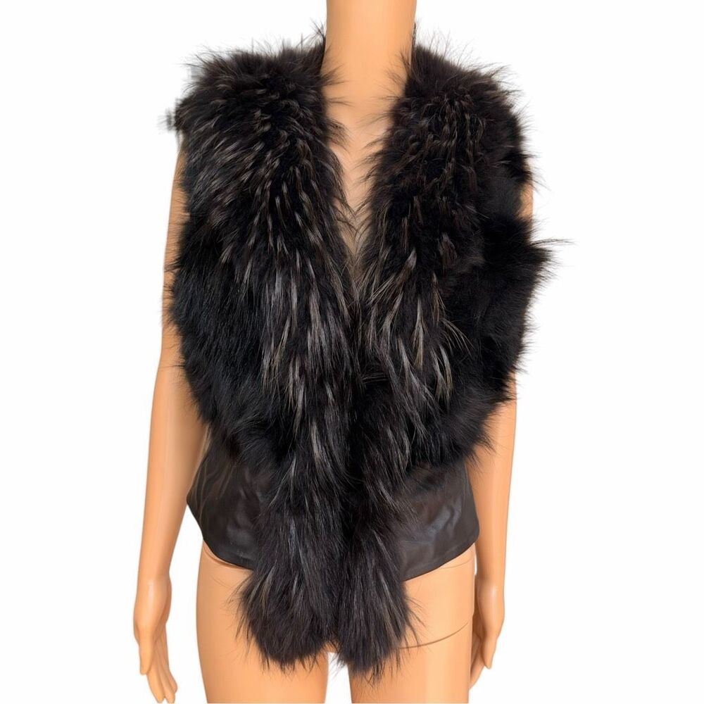 Jayley Collection Black Genuine Fox Fur & Leather Vest hook & lop closure sz S